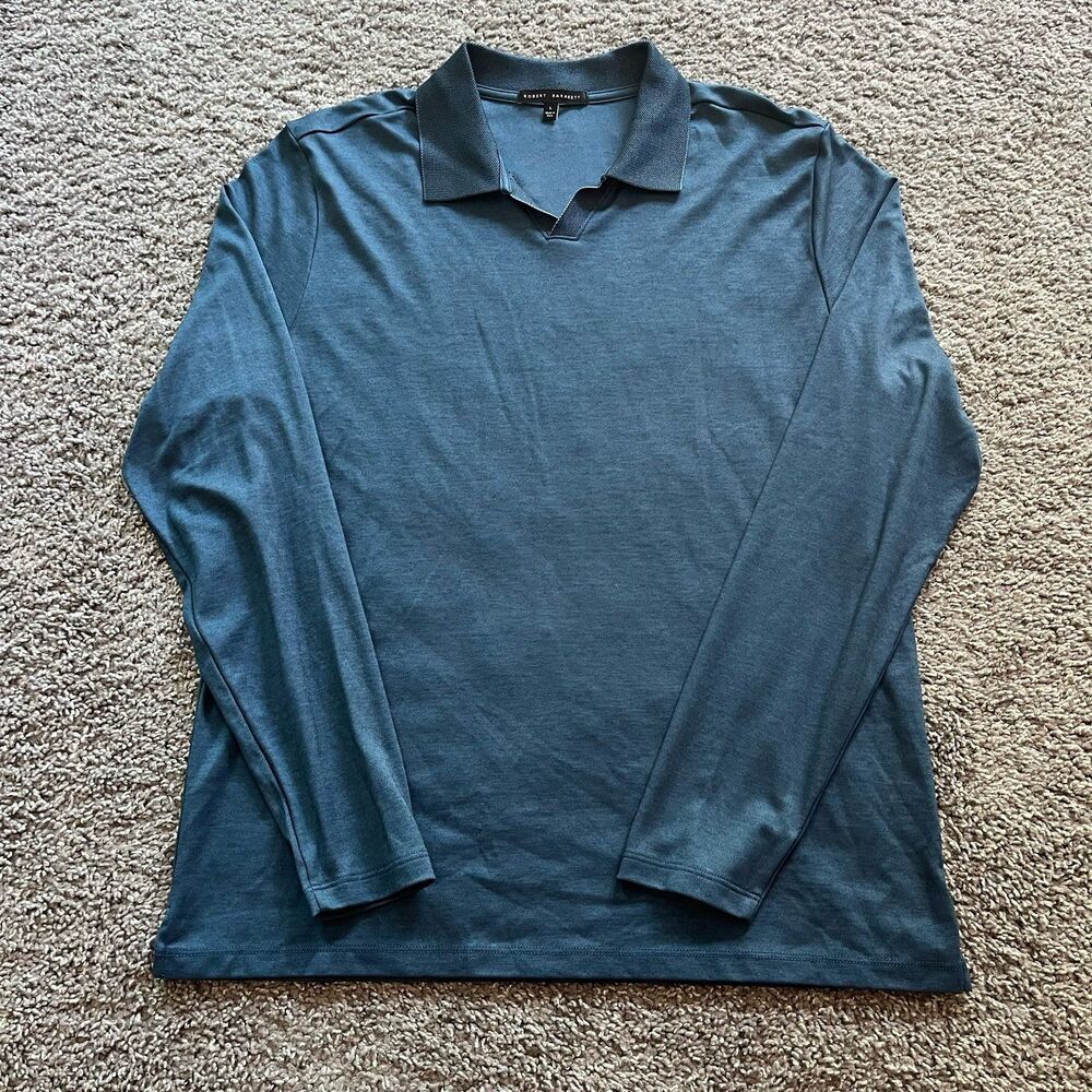 Robert Barakett Adison Open Collar Polo Long Sleeve Shirt Blue Mens Large